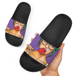 Punk Girl And Lollipop Print Black Slide Sandals