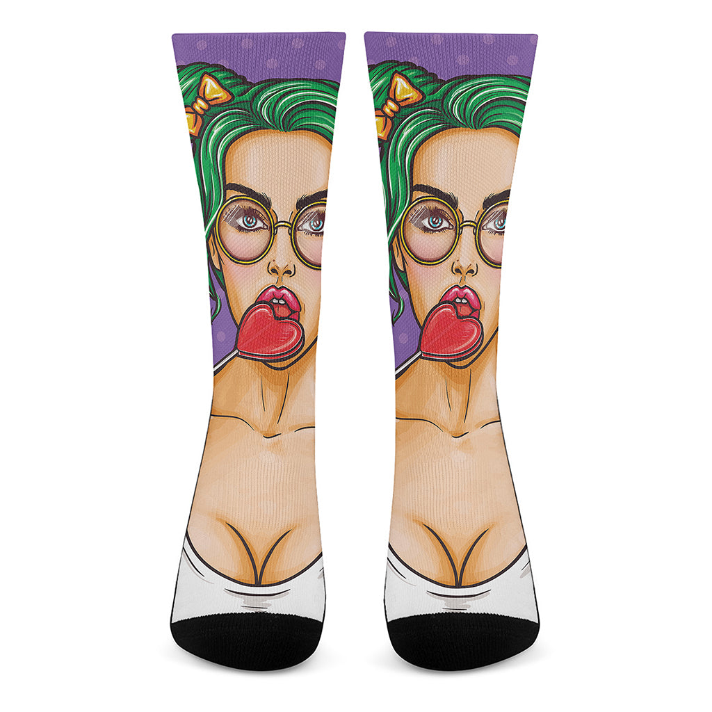 Punk Girl And Lollipop Print Crew Socks