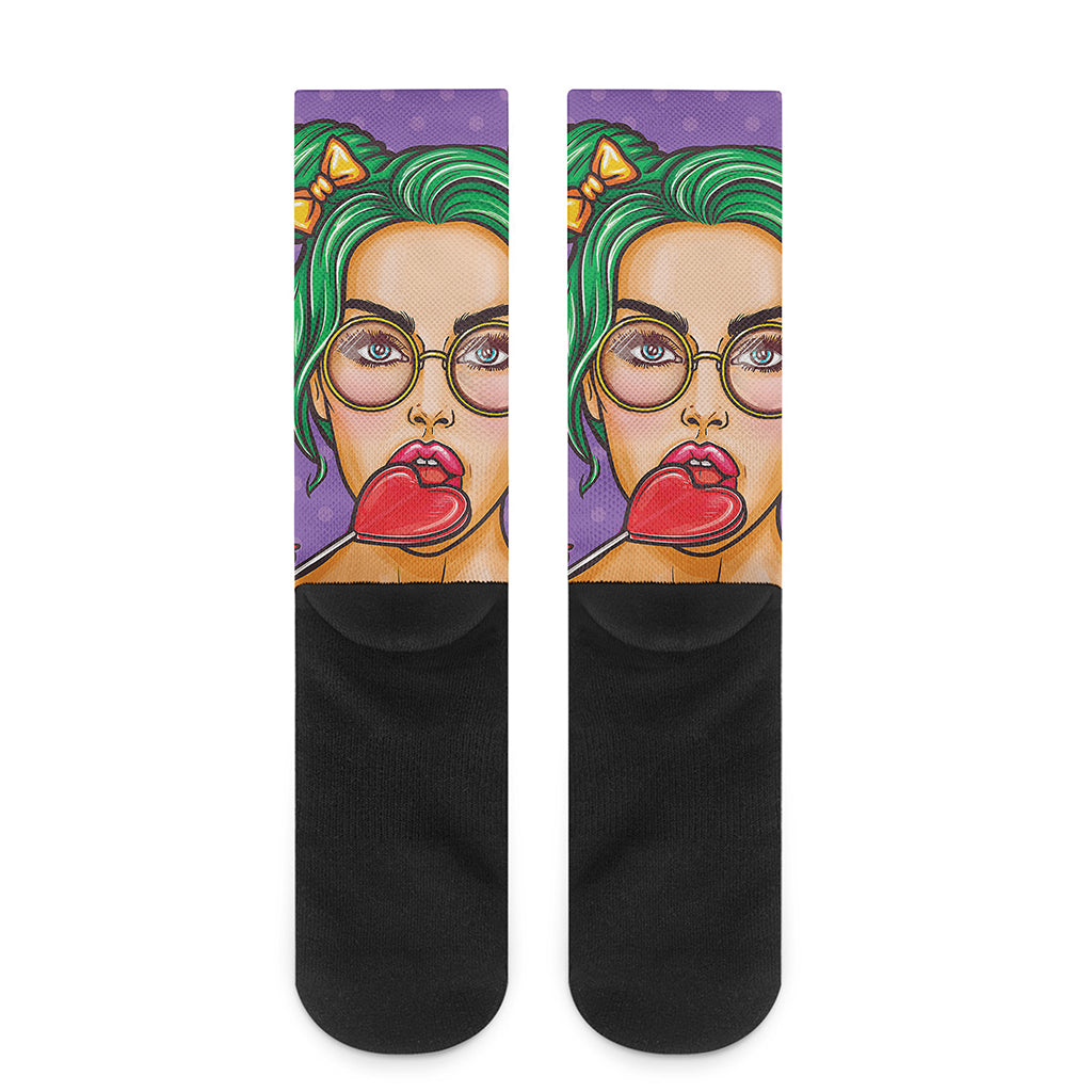 Punk Girl And Lollipop Print Crew Socks