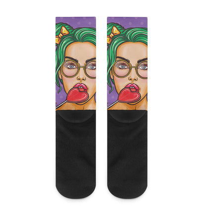 Punk Girl And Lollipop Print Crew Socks