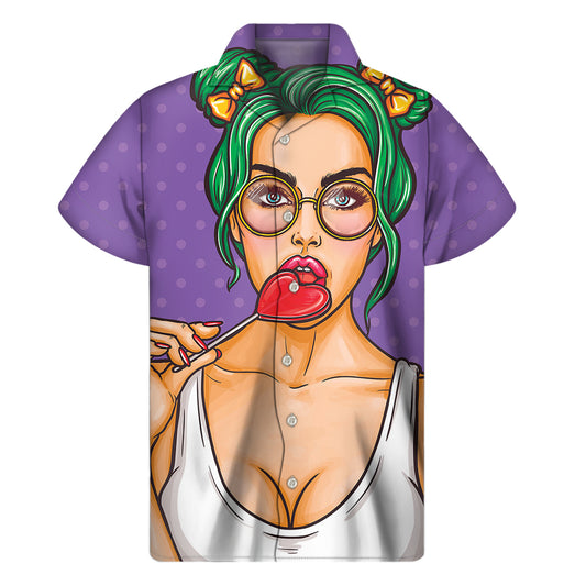 Punk Girl And Lollipop Print Men's Short Sleeve Shirt
