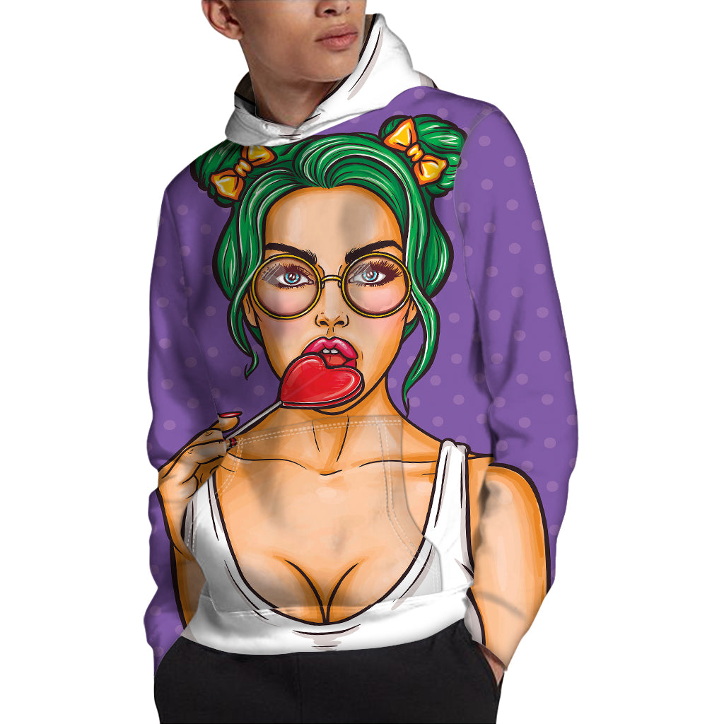 Punk Girl And Lollipop Print Pullover Hoodie