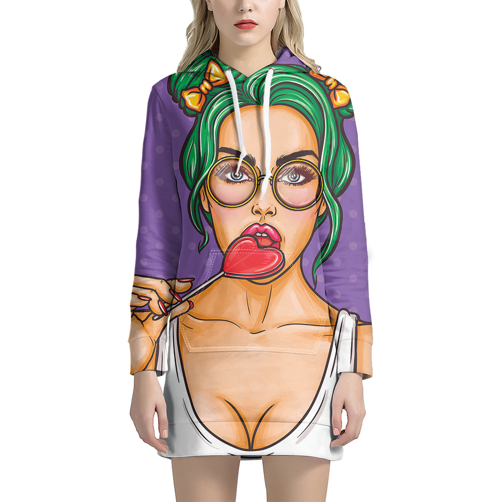 Punk Girl And Lollipop Print Pullover Hoodie Dress