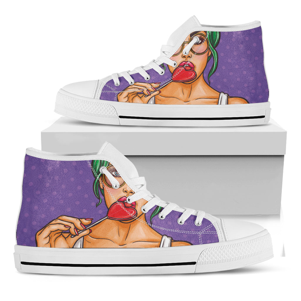 Punk Girl And Lollipop Print White High Top Shoes