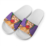 Punk Girl And Lollipop Print White Slide Sandals