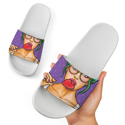 Punk Girl And Lollipop Print White Slide Sandals