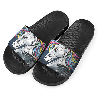 Punk Unicorn Print Black Slide Sandals