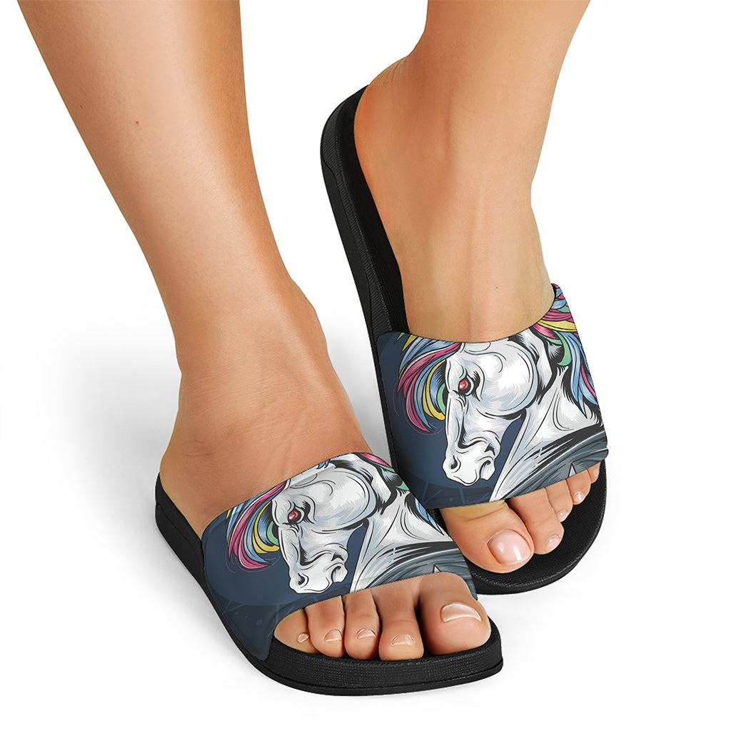 Punk Unicorn Print Black Slide Sandals