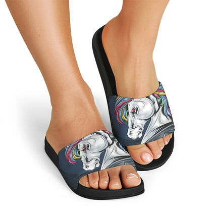 Punk Unicorn Print Black Slide Sandals