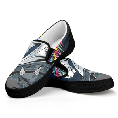 Punk Unicorn Print Black Slip On Shoes