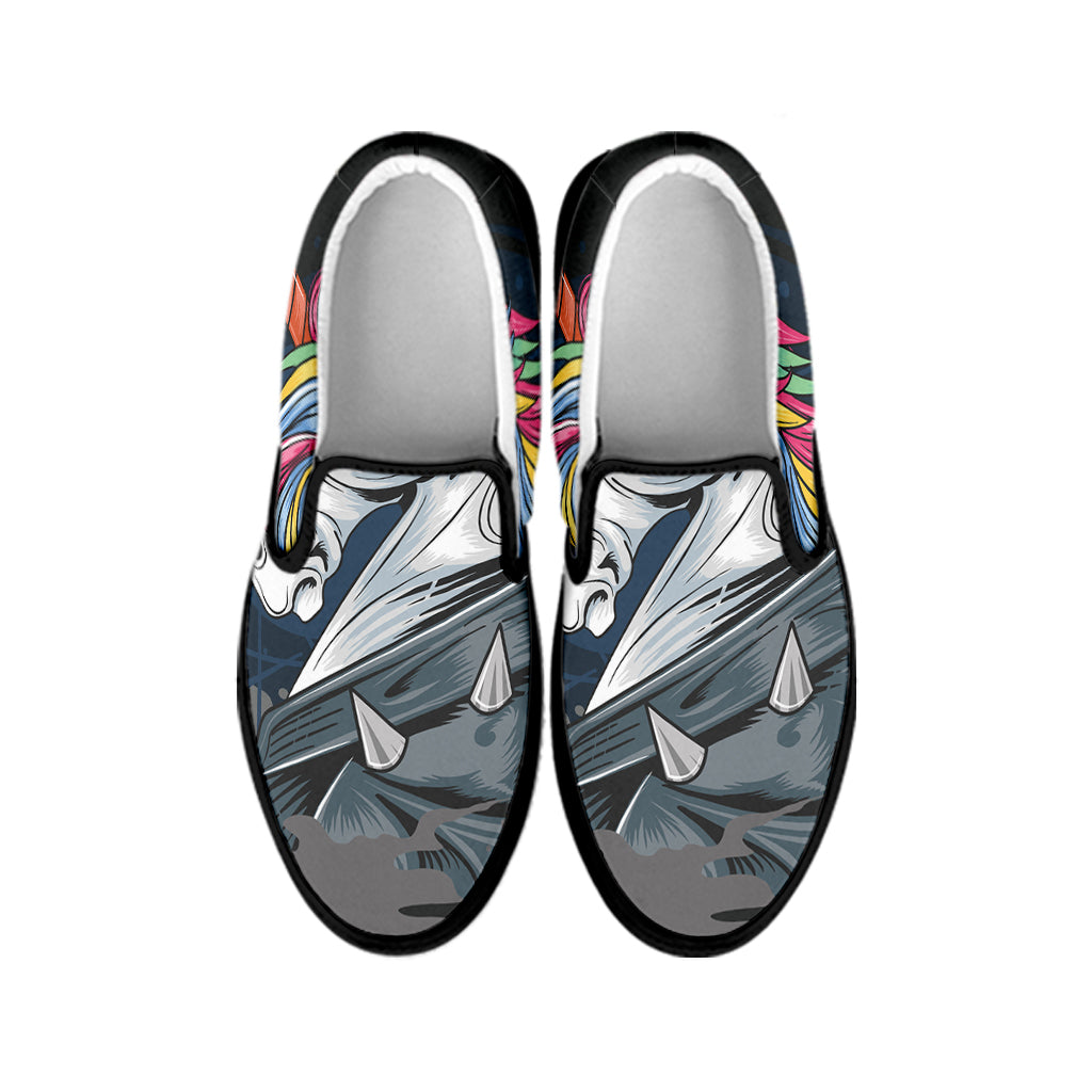 Punk Unicorn Print Black Slip On Shoes