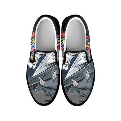 Punk Unicorn Print Black Slip On Shoes