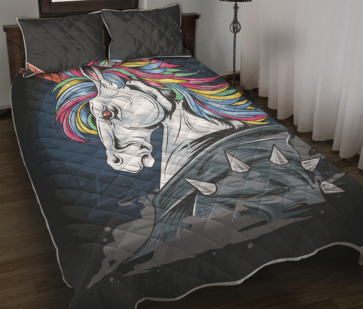 Punk Unicorn Print Quilt Bed Set