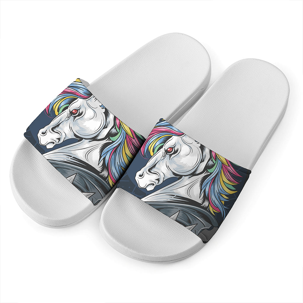 Punk Unicorn Print White Slide Sandals