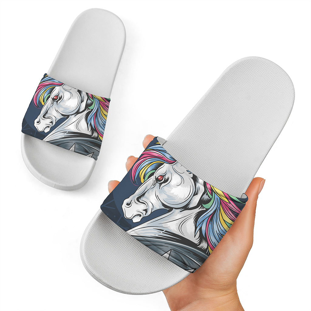 Punk Unicorn Print White Slide Sandals