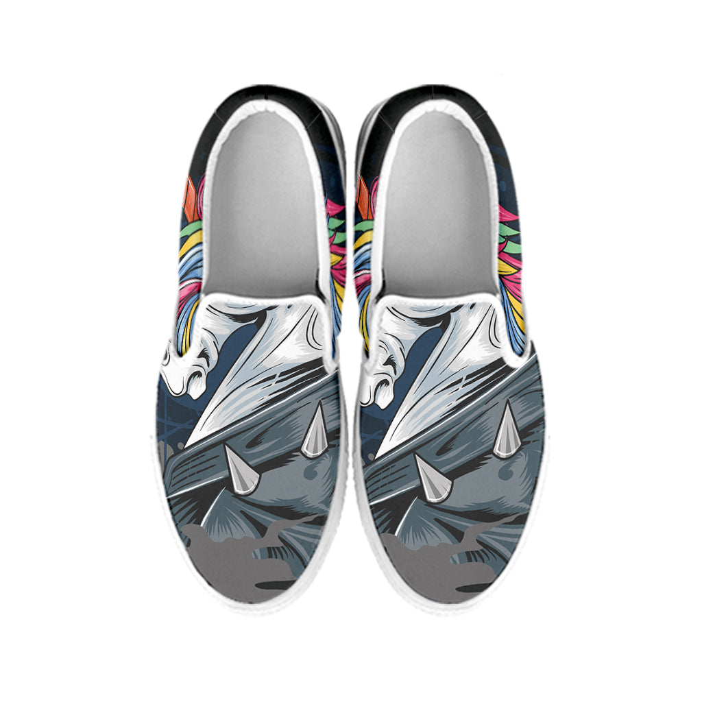 Punk Unicorn Print White Slip On Shoes