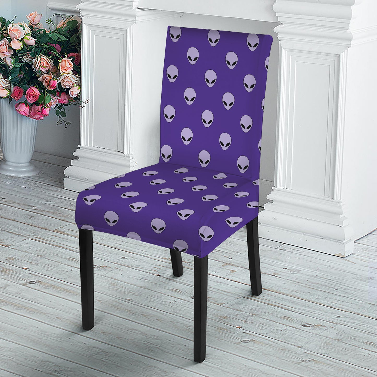 Purple Alien Face Pattern Print Dining Chair Slipcover