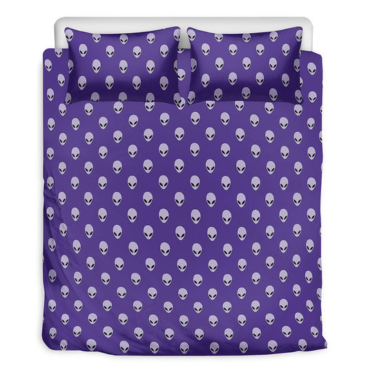 Purple Alien Face Pattern Print Duvet Cover Bedding Set