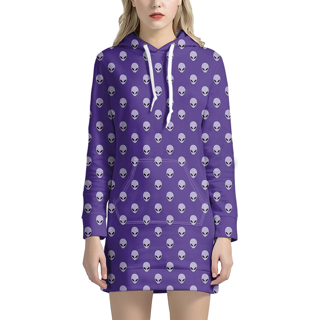 Purple Alien Face Pattern Print Hoodie Dress