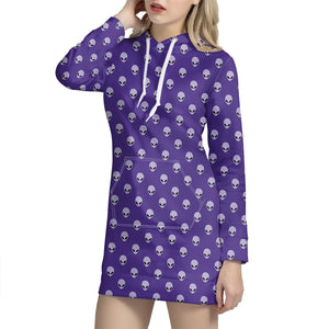 Purple Alien Face Pattern Print Hoodie Dress