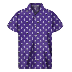 Purple Alien Face Pattern Print Men's Short Sleeve Shirt