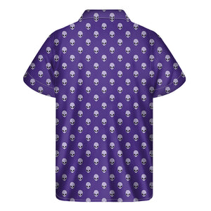 Purple Alien Face Pattern Print Men's Short Sleeve Shirt