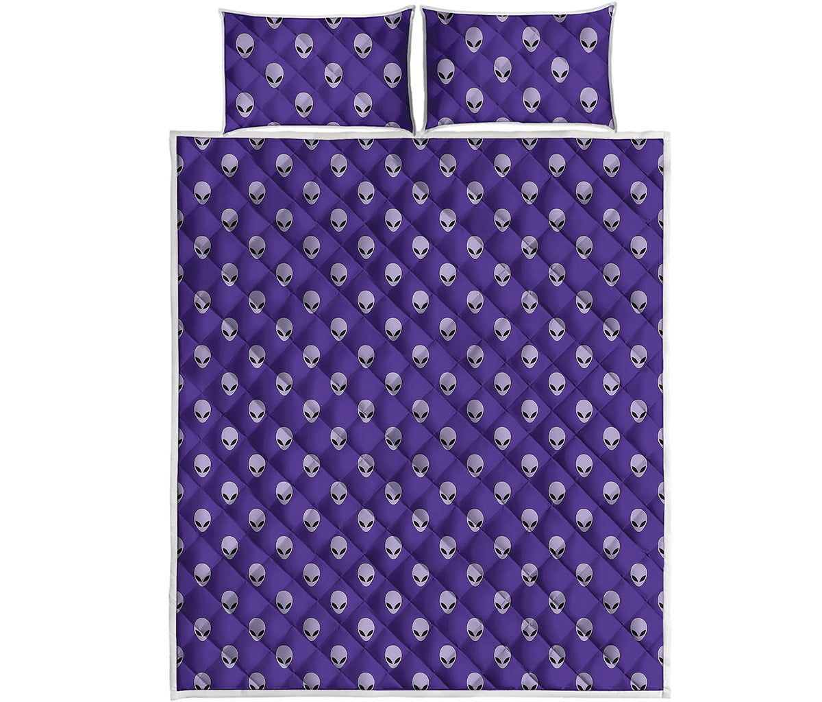 Purple Alien Face Pattern Print Quilt Bed Set
