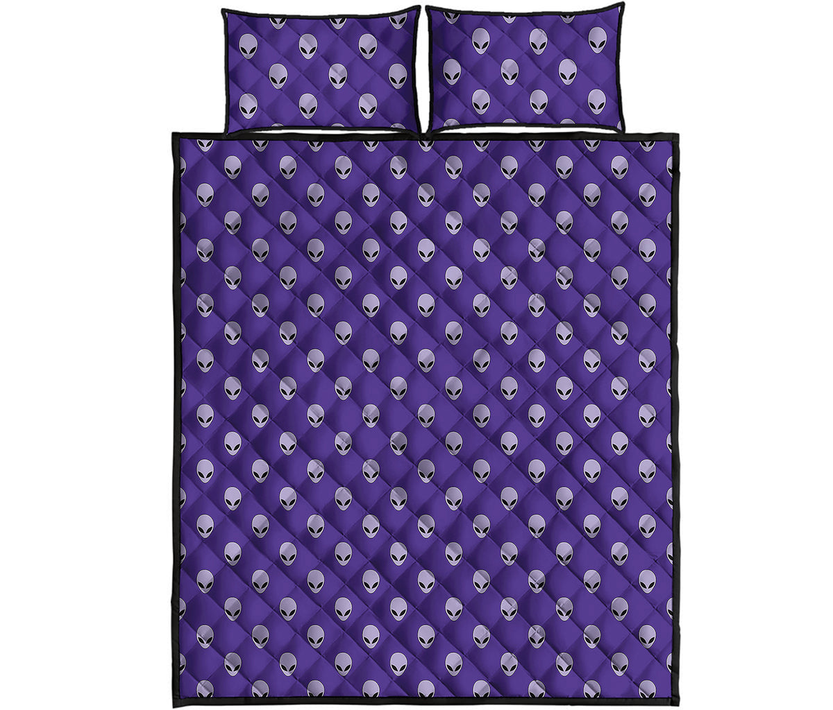 Purple Alien Face Pattern Print Quilt Bed Set