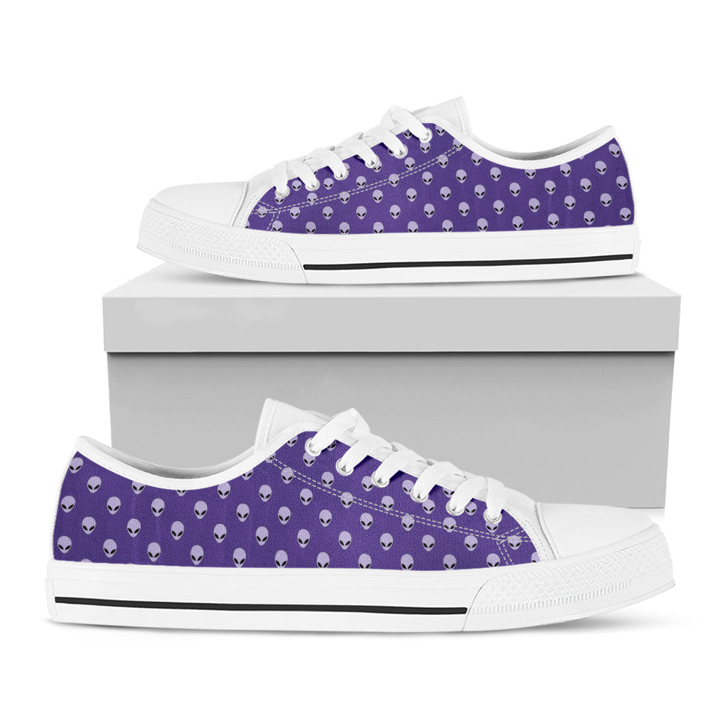 Purple Alien Face Pattern Print White Low Top Shoes