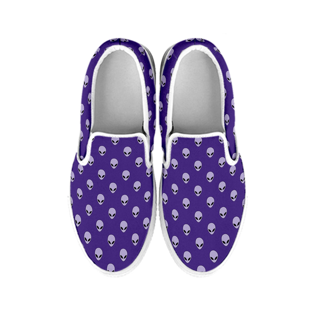 Purple Alien Face Pattern Print White Slip On Shoes