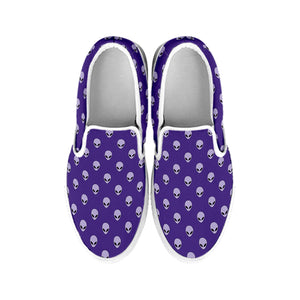 Purple Alien Face Pattern Print White Slip On Shoes