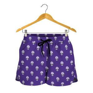 Purple Alien Face Pattern Print Women's Shorts