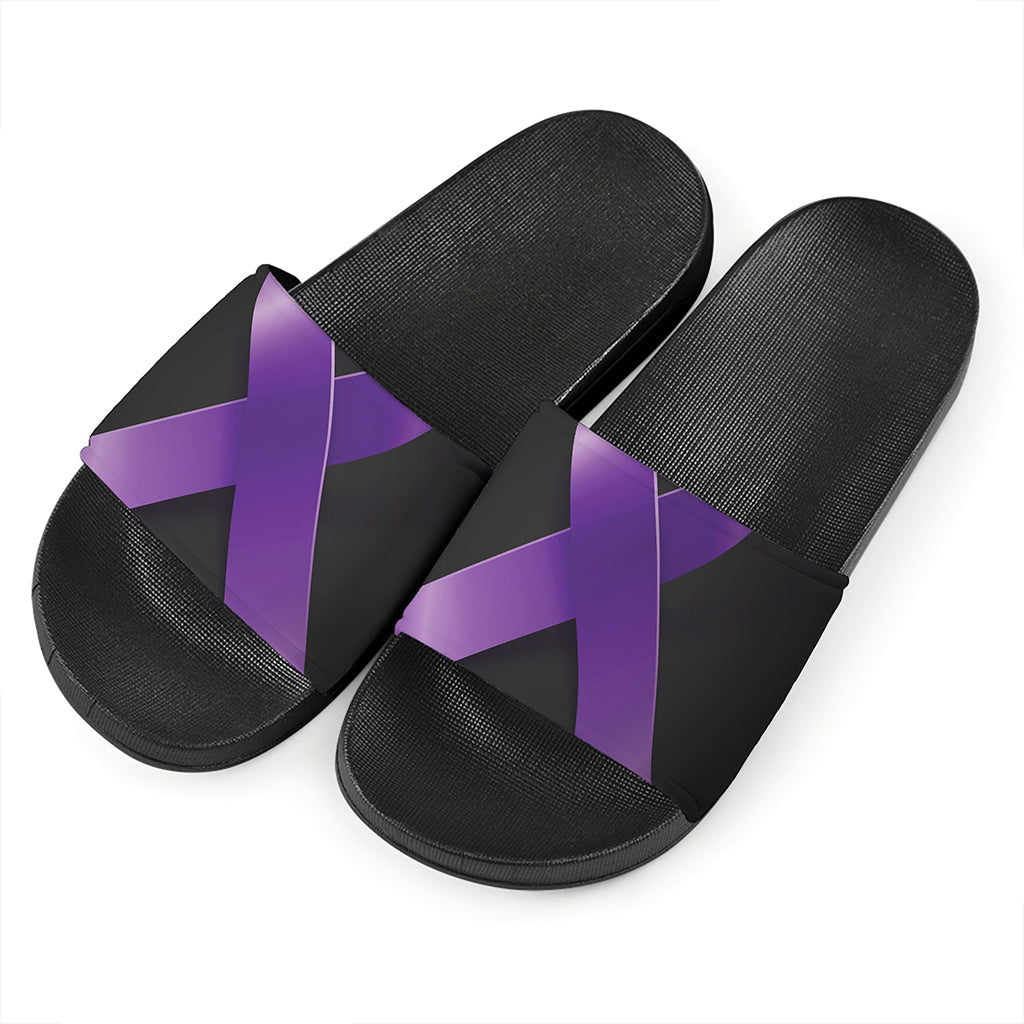 Purple All Cancer Awareness Ribbon Print Black Slide Sandals