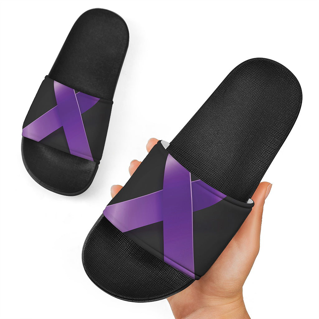 Purple All Cancer Awareness Ribbon Print Black Slide Sandals
