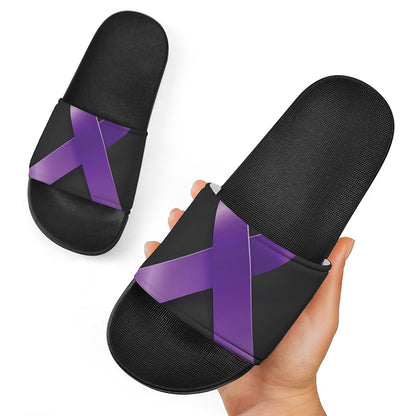 Purple All Cancer Awareness Ribbon Print Black Slide Sandals