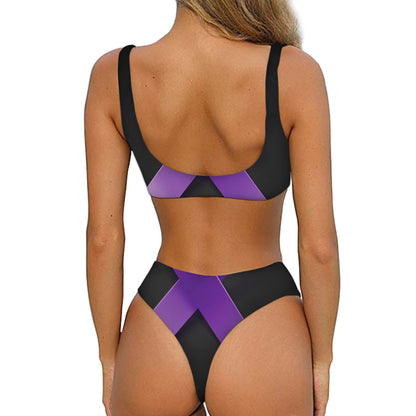 Purple All Cancer Awareness Ribbon Print Front Bow Tie Bikini