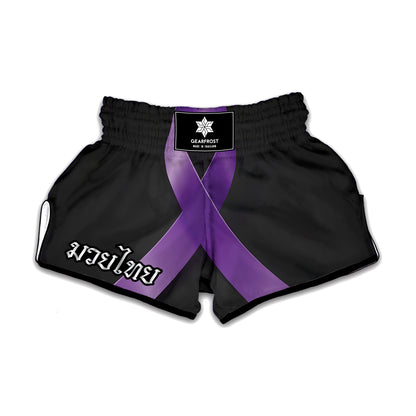 Purple All Cancer Awareness Ribbon Print Muay Thai Boxing Shorts