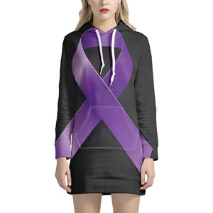 Purple All Cancer Awareness Ribbon Print Pullover Hoodie Dress