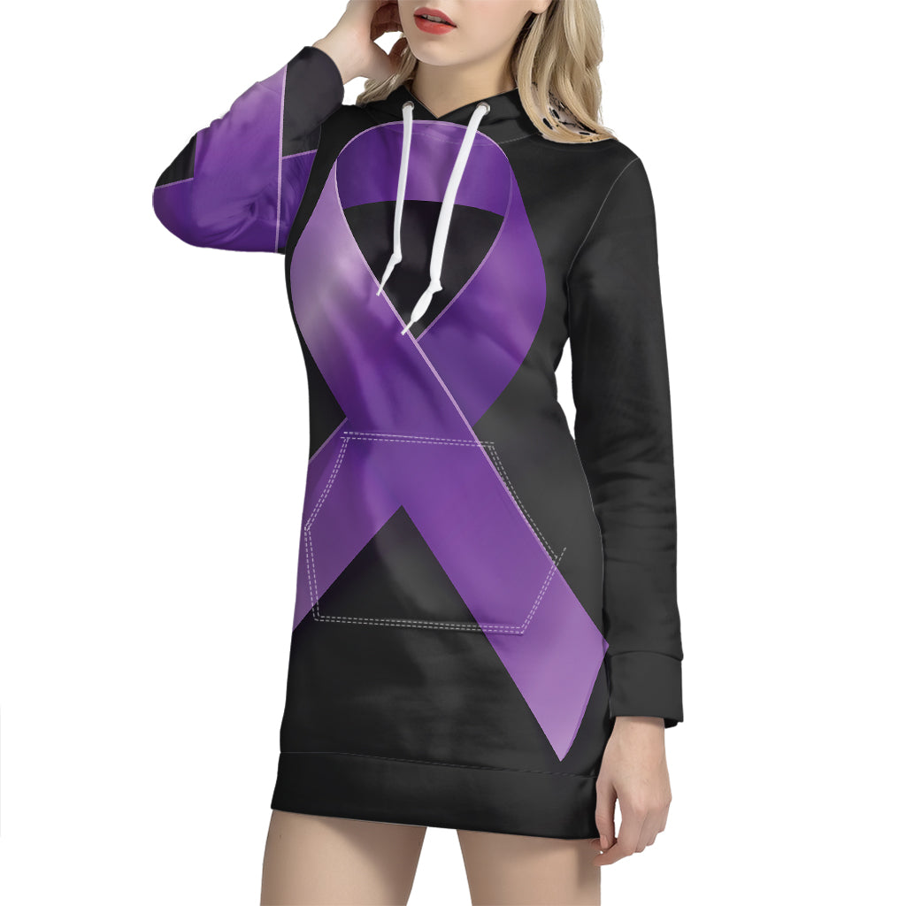 Purple All Cancer Awareness Ribbon Print Pullover Hoodie Dress