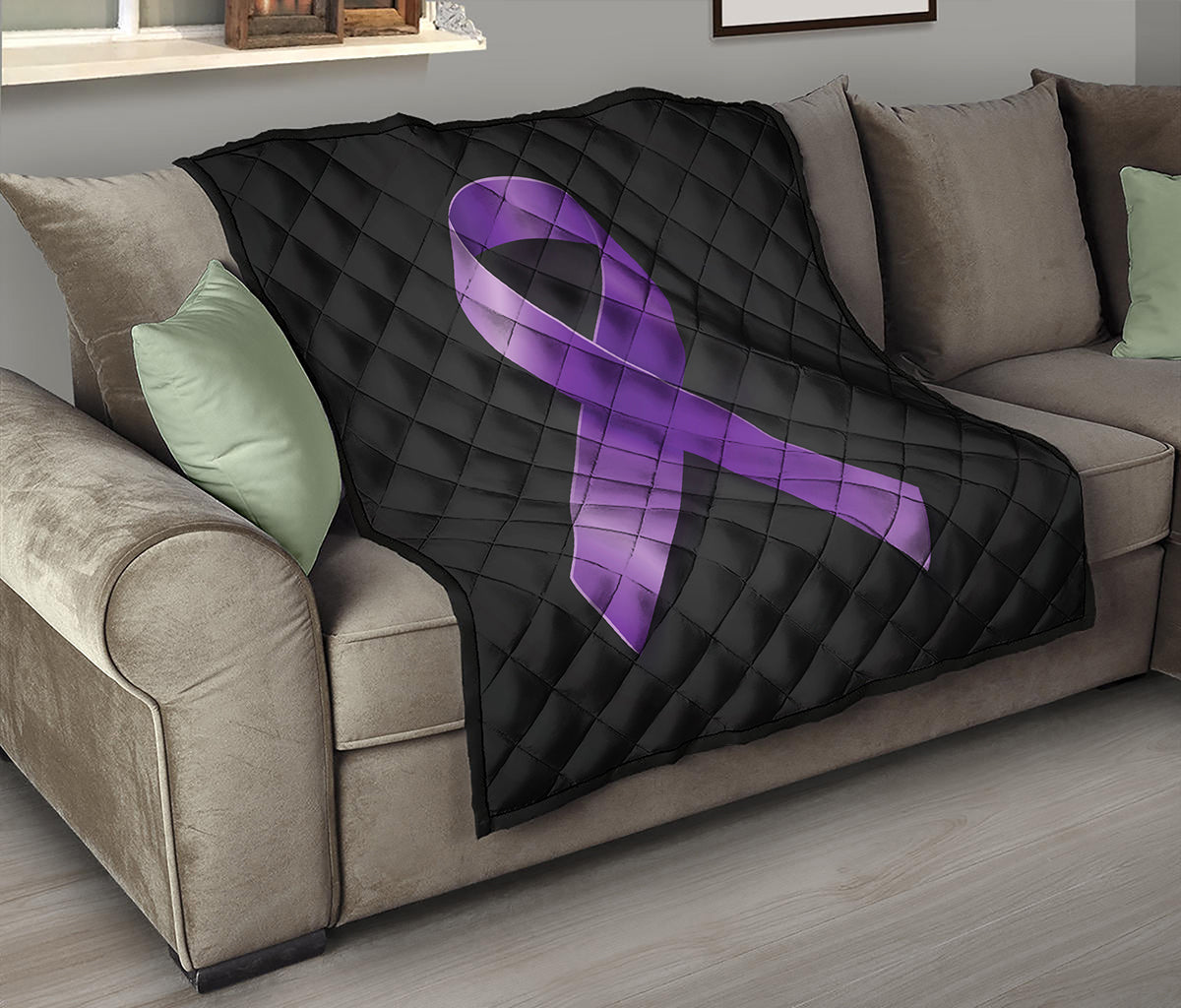 Purple All Cancer Awareness Ribbon Print Quilt