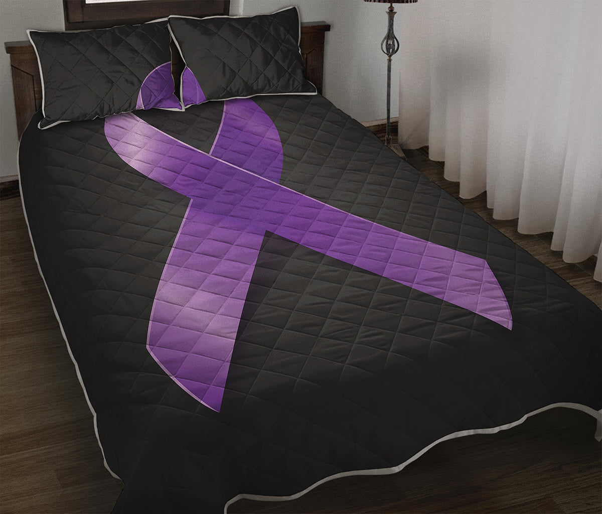 Purple All Cancer Awareness Ribbon Print Quilt Bed Set