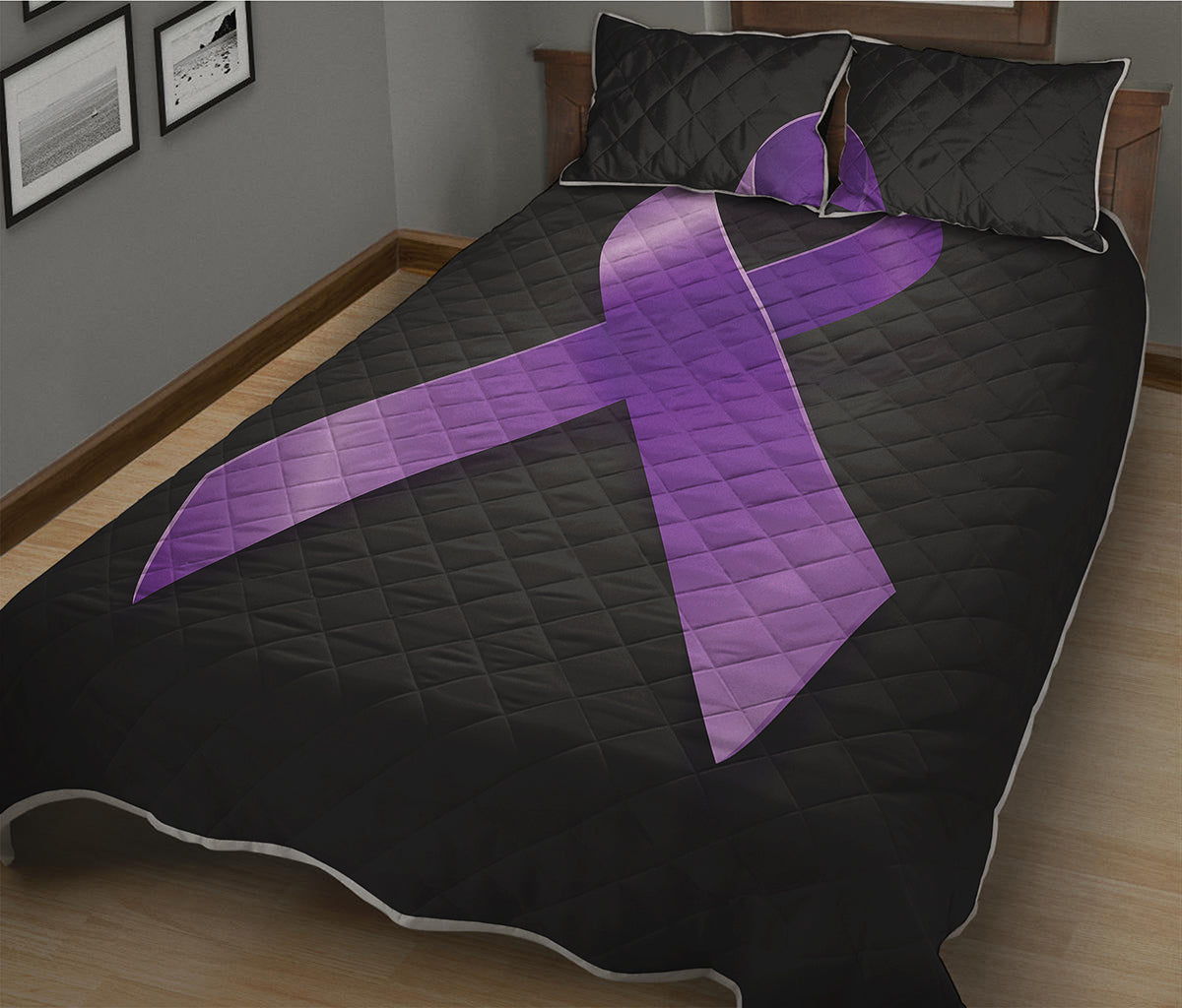 Purple All Cancer Awareness Ribbon Print Quilt Bed Set