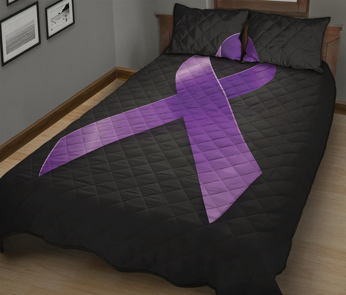 Purple All Cancer Awareness Ribbon Print Quilt Bed Set