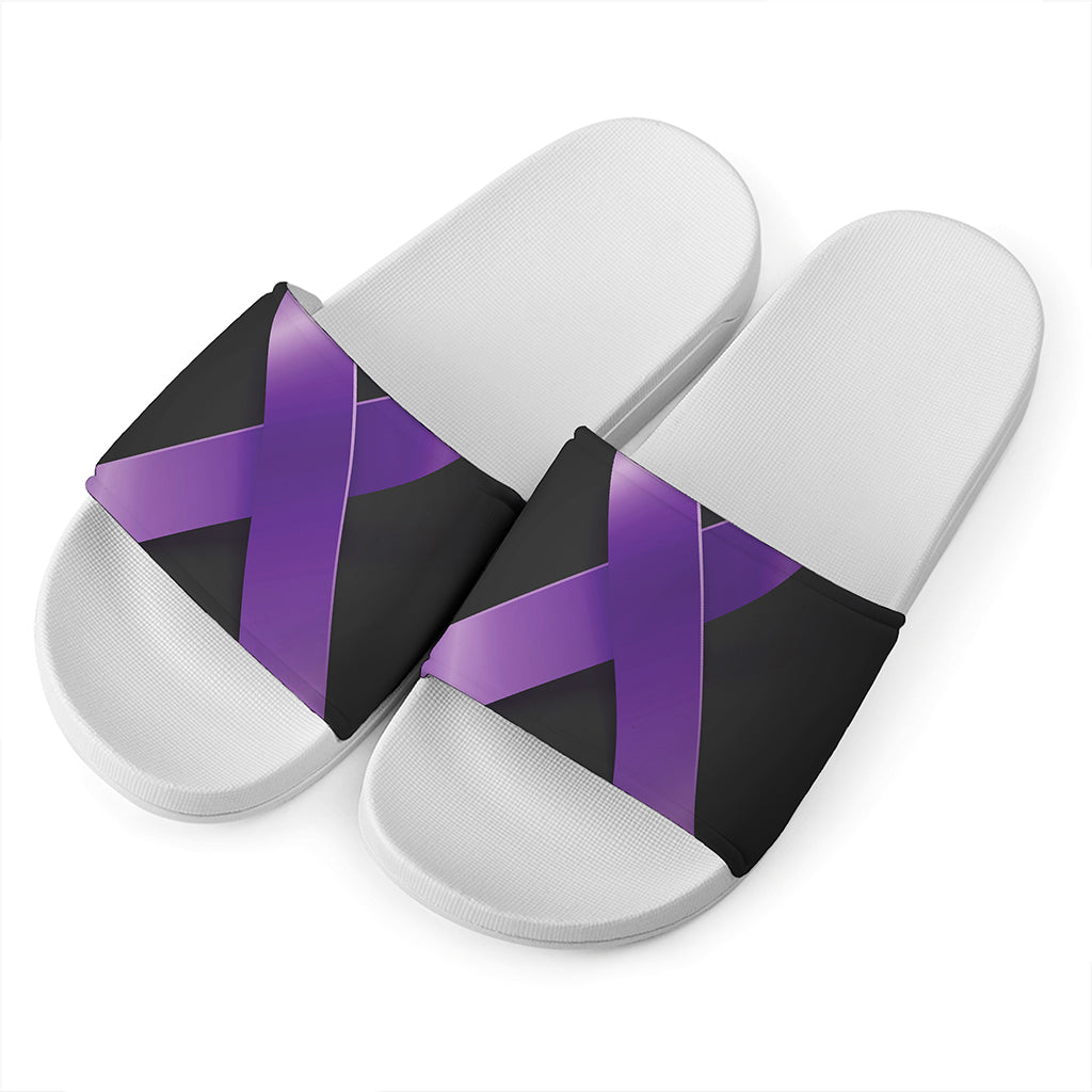 Purple All Cancer Awareness Ribbon Print White Slide Sandals