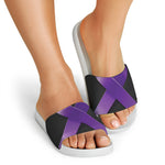 Purple All Cancer Awareness Ribbon Print White Slide Sandals
