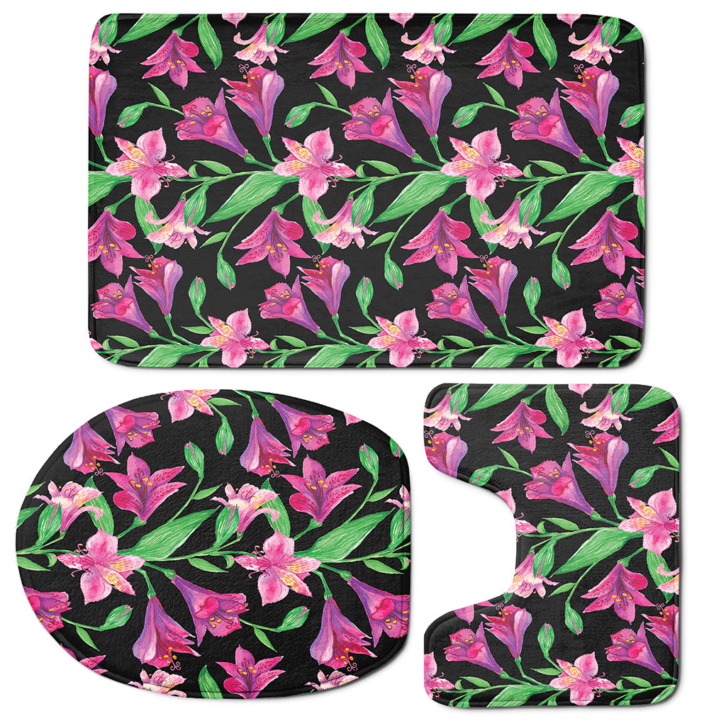 Purple Alstroemeria Pattern Print 3 Piece Bath Mat Set