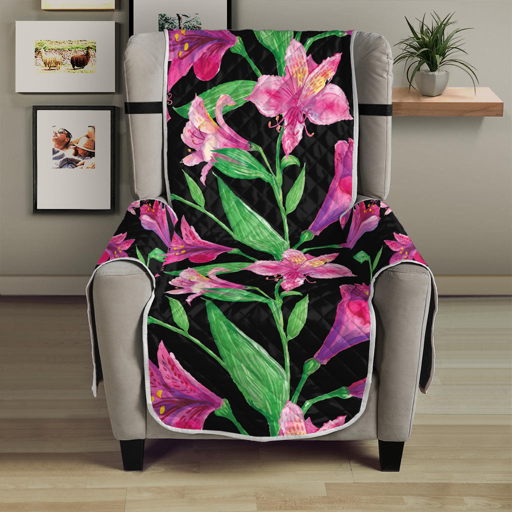 Purple Alstroemeria Pattern Print Armchair Protector