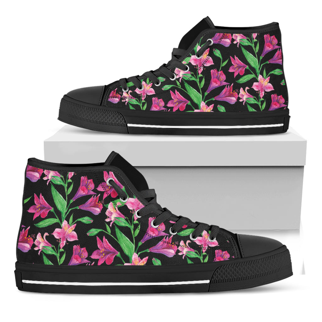 Purple Alstroemeria Pattern Print Black High Top Shoes