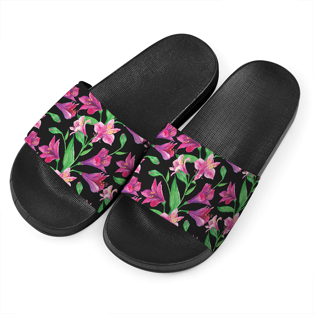 Purple Alstroemeria Pattern Print Black Slide Sandals