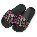 Purple Alstroemeria Pattern Print Black Slide Sandals